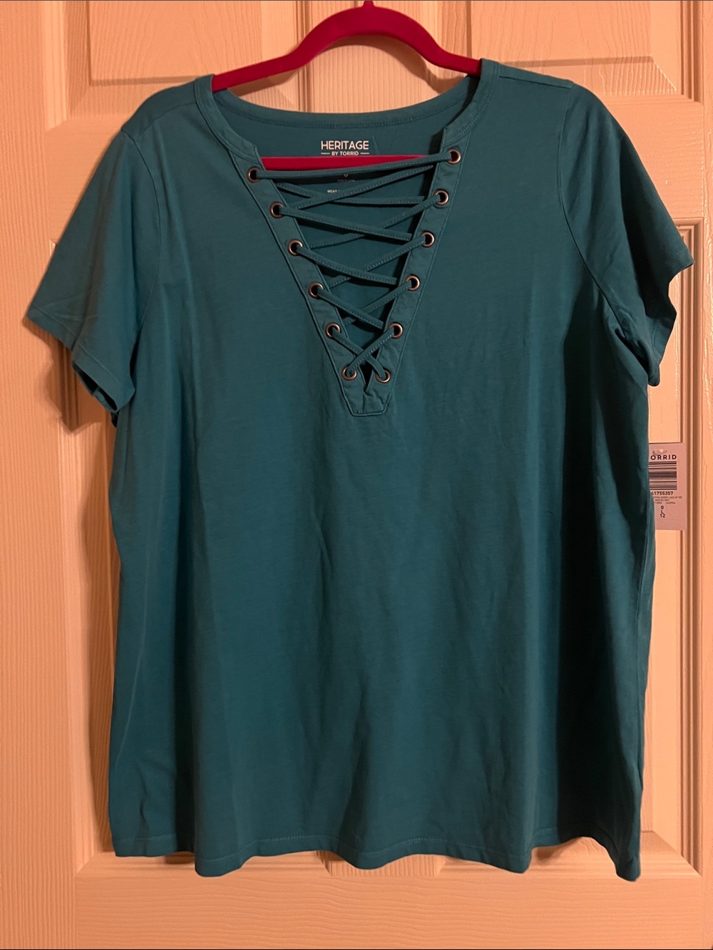 Heritage Teal Lace-Up V-Neck Short Sleeve Tee